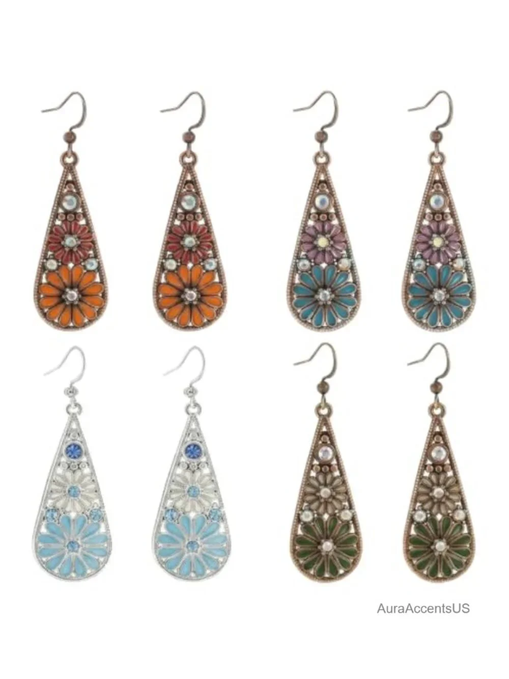 4 Pairs Boho Teardrop Dangle Earrings, Floral Statement Set, Enamel Hook